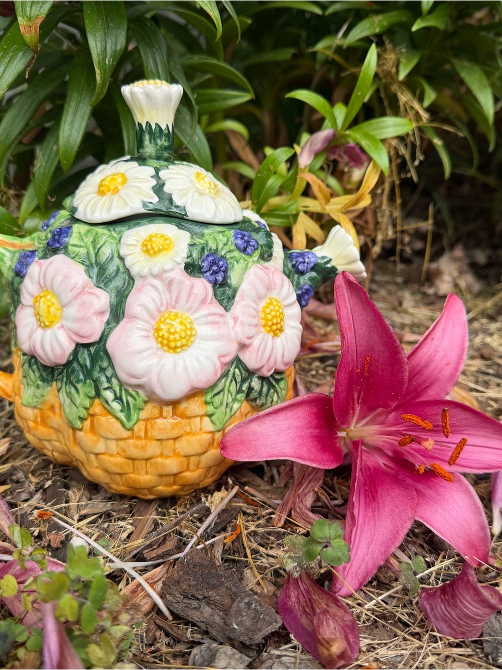 Ceramic Floral Basket Decorative Jar - Pink and Yellow